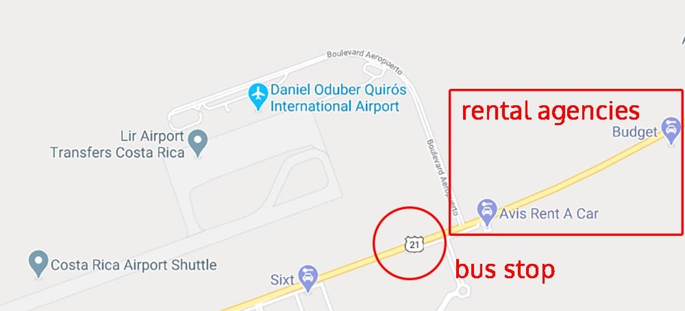 A map displaying the rental offices location at Liberia airport Costa Rica