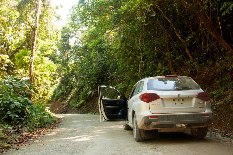 Light grey 4WD on the road in the jungle of Costa Rica