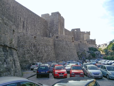 Busy parking lot on the outskirts of Dubrovnik.