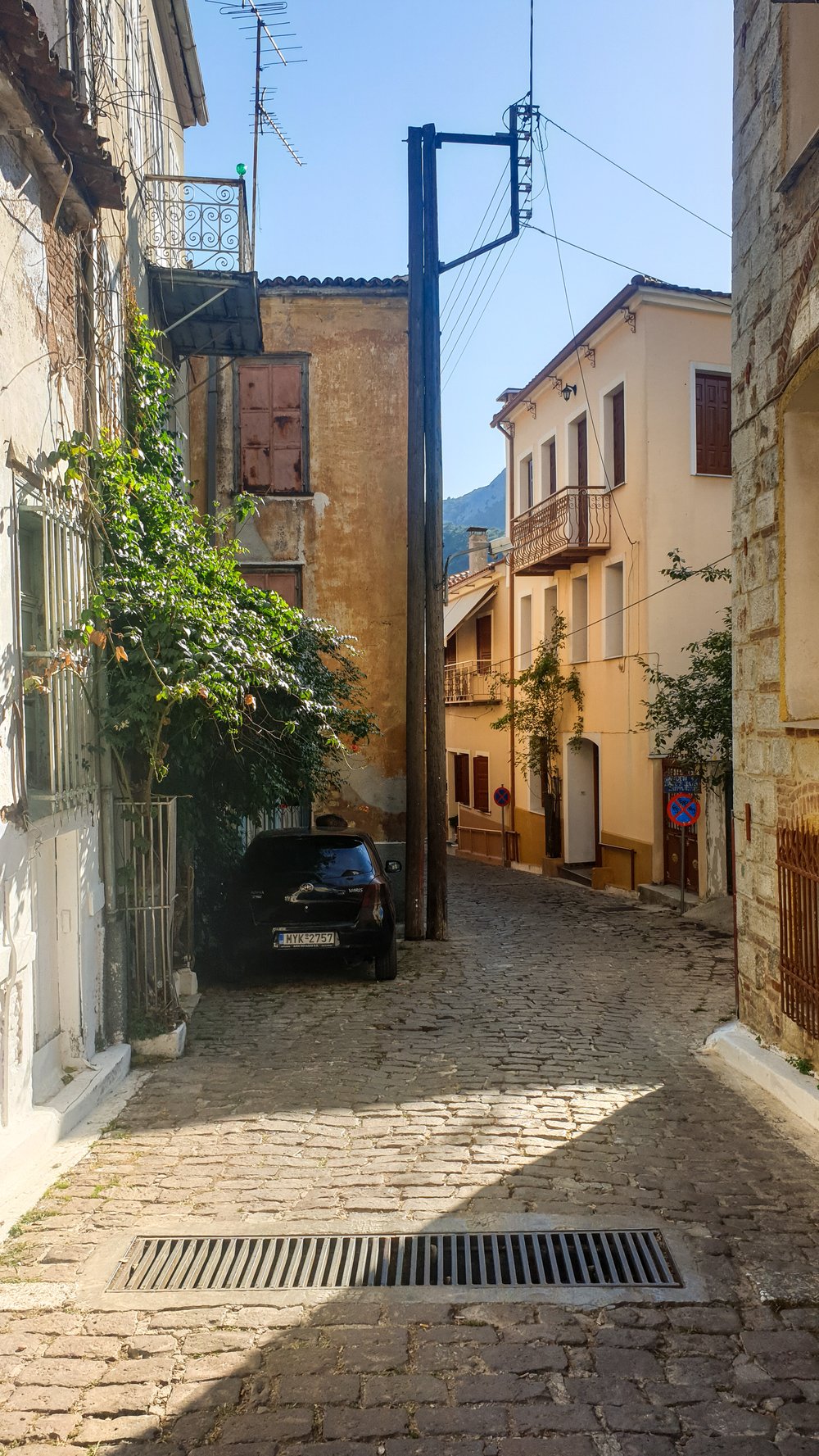 A narrow street in a village on Lesbos.