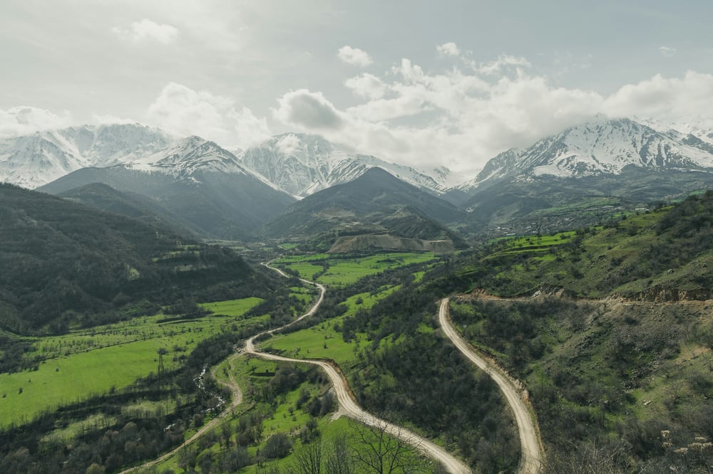 Winding road in green mountaains in Armenia
