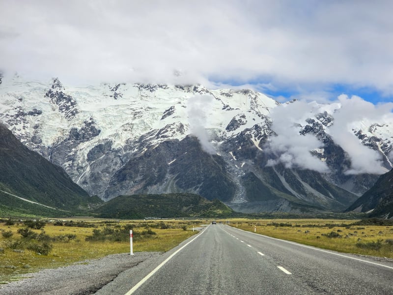 View of the highway with snowy mountains, Aoraki Mount Cook