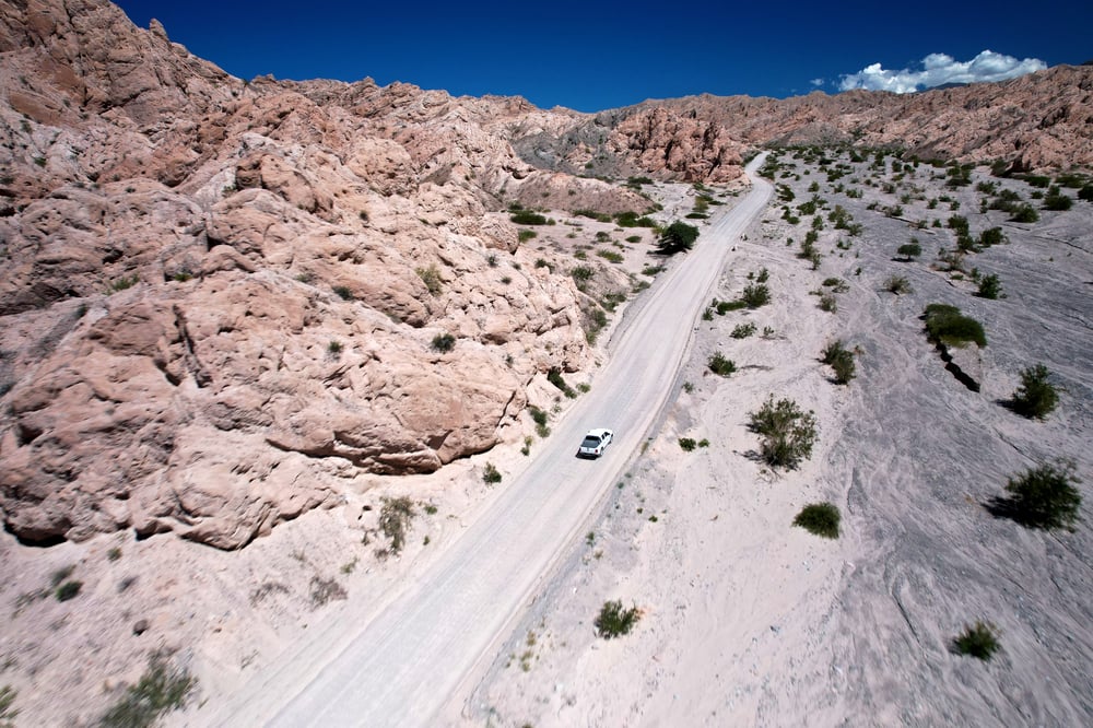 White car entering las Flechas in Argentina